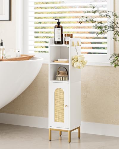 Bathroom Storage Cabinet, Small Corner Floor Hutch with Door and Shelves, Narrow Toilet Paper Cabinet, Bathroom Organizer with Adjustable Shelf, for Small Spaces (Classic-Rattan, White)