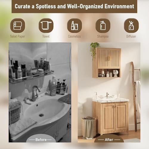 Bathroom Wall Storage Cabinet, Medicine Cabinet with Adjustable Wood Shelf & Doors, Over the Toilet Storage Cabinet Above Toilet Storage for Laundry Room & Living Room Kitchen Storage Islands (Oak)