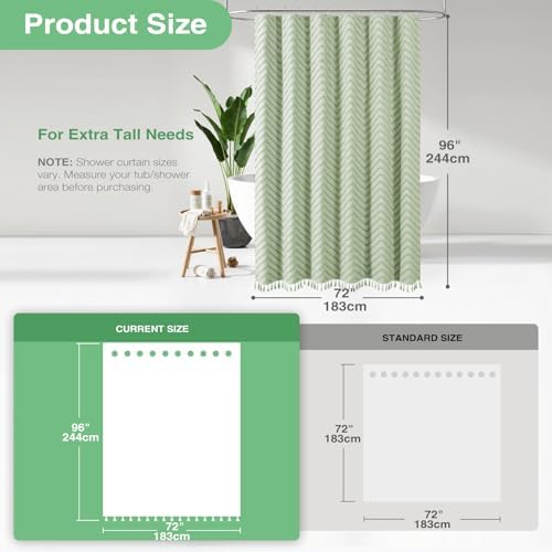 Dynamene Extra Long Boho Shower Curtain Tufted Chevron 72"x96" Sage Green