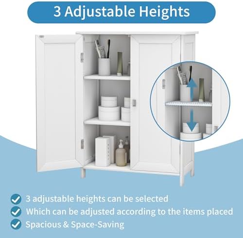 Bathroom Cabinet with Adjustable Shelf Freestanding Storage Cabinet with 2 Doors Wooden Organizer Floor for Bathroom Kitchen and Living Room (White, 2 Doors)