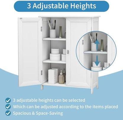 Bathroom Cabinet with Adjustable Shelf Freestanding Storage Cabinet with 2 Doors Wooden Organizer Floor for Bathroom Kitchen and Living Room (White, 2 Doors)