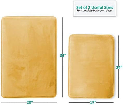 Clara Clark 2 Piece Bathroom Rugs Bath Mat Set, Velvet Memory Foam Bath Mats for Bathroom - Non-Slip, PVC Backing Bath Rugs, Washable - Dries Quickly, Gold