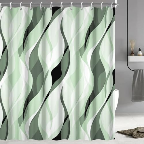 Green Striped Shower Curtain with Hooks for Bathroom 72x84 Inch