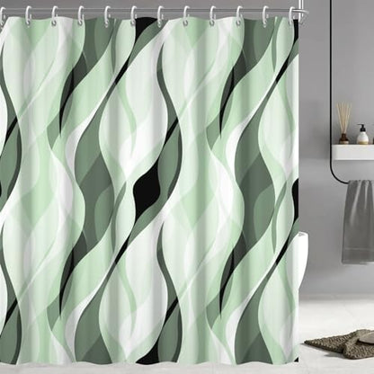 Green Striped Shower Curtain with Hooks for Bathroom 72x84 Inch