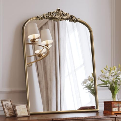 Arched Antique Wall Mirror, 24"x32" Vintage Gold Bathroom Mirror