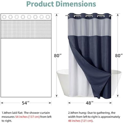 eachope No Hook Waffle Shower Curtain with Snap-in Liner, 54x80 Inch, Navy