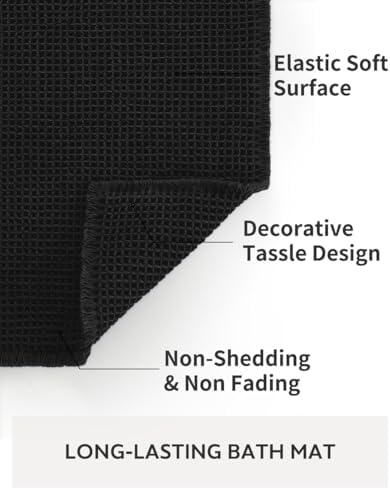 tchdio Waffle Bath Mat-Runner Rug, Super Absorbent Non Slip Bath Mats for Bathroom Machine Washable Long Rugs with Tassels, Bath Rugs for Bathroom Floor Beside Tub, 2' x 6'(24" x 72"), Black