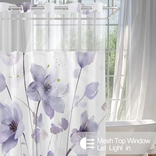 No Hook Shower Curtain and Liner Set, Purple Boho Floral 71x84