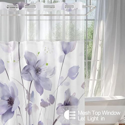 No Hook Shower Curtain and Liner Set, Purple Boho Floral 71x84