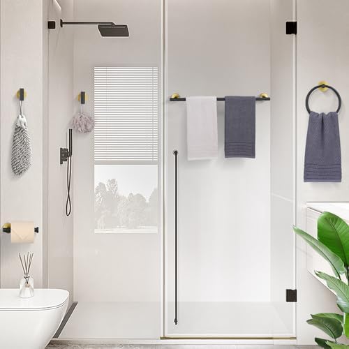 TURS Black and Gold Bathroom Hardware Set 5 Piece, SUS304 Stainless Steel Gold Black Towel Bar Set, 24 Inch Bathroom Accessories Kit Wall Mounted