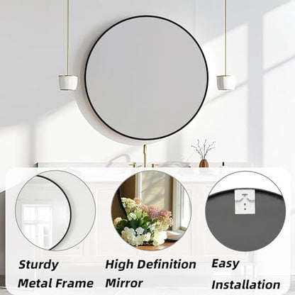 24 inch Black Circle Mirror, Round Mirror, Matte Black Metal Frame