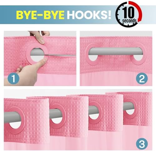 SORTTO No Hook Waffle Shower Curtain with Snap in Liner Set, 71x74, Pink