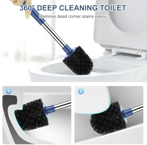SetSail Toilet Brush and Holder, Self Closing Lid Toilet Bowl Brushes Holder and Extra Long Handle Ventilated Toilet Brush Set for Bathroom Cleaning, Nylon Bristles, 2 Packs-Dark & Blue