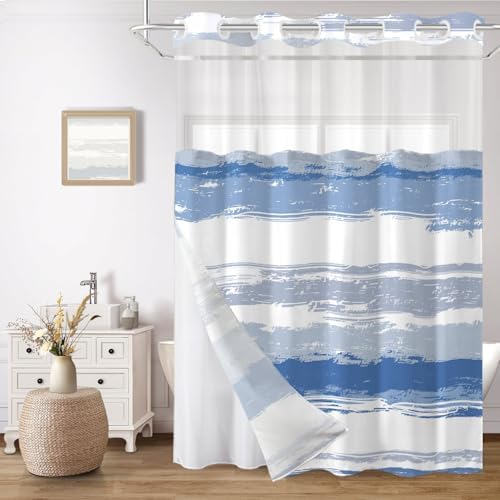 No Hook Shower Curtain with Liner, Navy Blue Stripe, 71x77 Inch