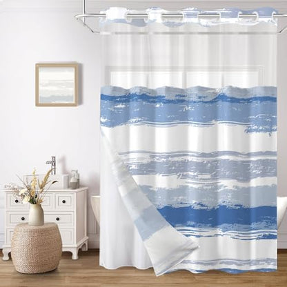 No Hook Shower Curtain with Liner, Navy Blue Stripe, 71x77 Inch
