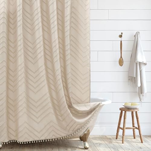 Siiluminisoy Extra Long Beige Boho Shower Curtain with Tassel, Woven Fabric 90 in, Tufted Chevron Striped, 72 x 90, Modern Chic Textured Minimalist Bathroom
