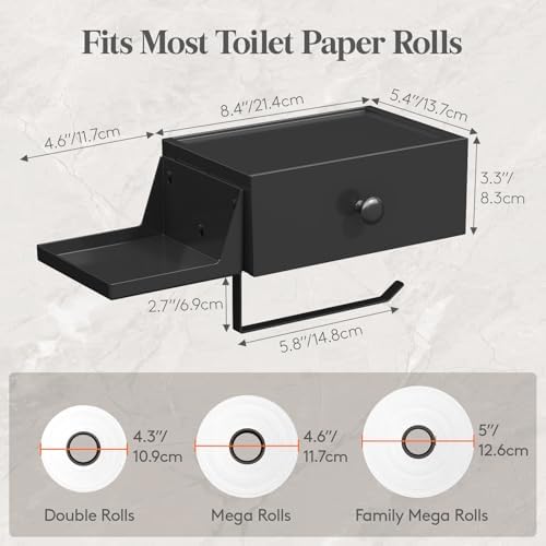 Lifewit Toilet Paper Holder Wall Mount with Shelf & Drawer, Black, 2 Pack