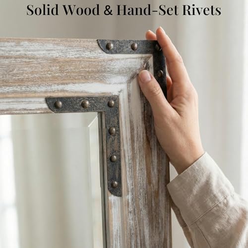 Distressed White 24x36 Inch Wood Bathroom Vanity Mirror, Rivets