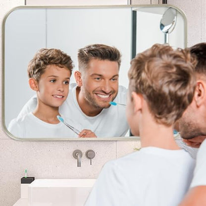16x24 Inch Brushed Nickel Bathroom Mirror, Framed Rectangle Mirror with Rounded Corner, Brushed Mirror, Silver Bathroom Mirror for Over Sink, Vanity, Living Room, Bedroom, Horizontal/Vertical