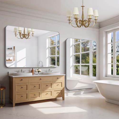 FORBATH 60x40 Inch Silver Bathroom Mirror for Over Sink, Large Rectangular Wall Mirror with Metal Frame, Rounded Corners for Bathroom, Bedroom, Entryway Decor (Horizontal or Vertical)
