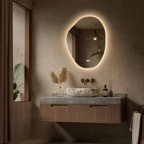 Keonjinn Irregular Bathroom Mirror with Lights 24 x 30 Inch, Tempered Glass