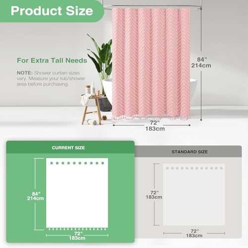 Dynamene Extra Long Boho Fabric Shower Curtain Tufted Chevron 72"x84" Pink