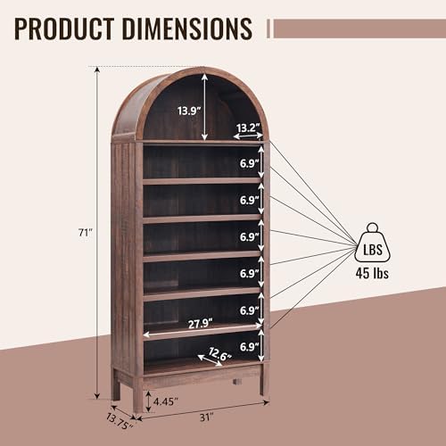 IFBUY 71" Tall Arched Bathroom Storage Cabinet, 7-Tier Modern Farmhouse Storage Cabinet with Adjustable Shelves, Wood Freestanding Cabinet for Bathroom, Living Room, Entryway, Hallway-Brown