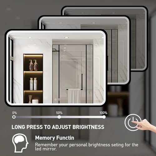 LED 43x36 Inch Lighted Bathroom Mirror,Black Frame,3 Color
