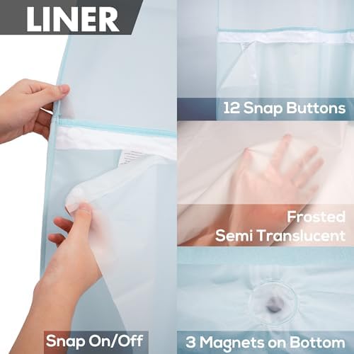 River Dream Extra Long No Hook Shower Curtain with Snap-in Liner, Blue