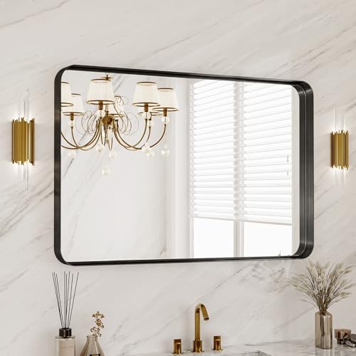 40X30 Inch Black Metal Framed Bathroom Mirror for Wall