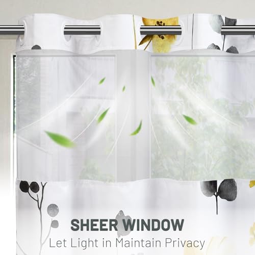 WITHLOC No Hook Floral Shower Curtain with Liner, Yellow Gray, 71x77