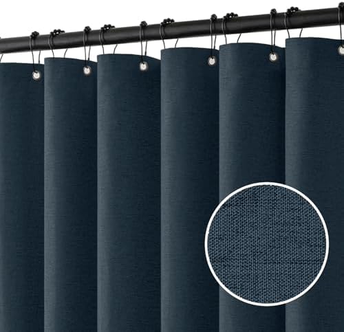 MIULEE 72 x 84 Extra Long Linen Shower Curtain Navy Blue 12 Metal Hooks