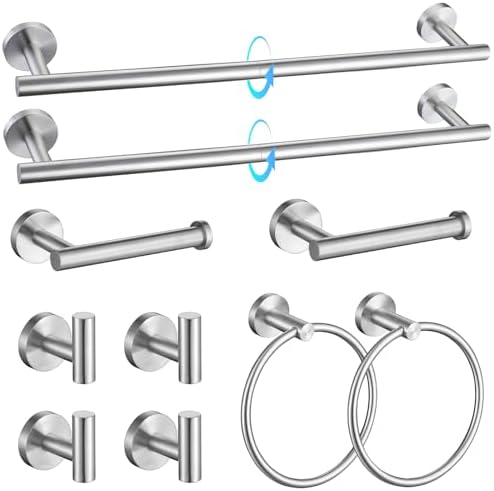 TQKAG Brushed Nickel Bathroom Hardware Accessories Set - 10-Piece Premium SUS304 Stainless Steel Towel Bar Holder Set with 23.6 Inch Round Towel Racks for Wall Mounted Bathroom