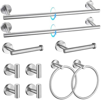 TQKAG Brushed Nickel Bathroom Hardware Accessories Set - 10-Piece Premium SUS304 Stainless Steel Towel Bar Holder Set with 23.6 Inch Round Towel Racks for Wall Mounted Bathroom