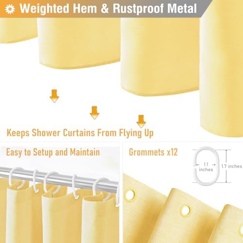 BTTN Extra Long Linen Textured Waterproof Shower Curtain, 72x96, Yellow