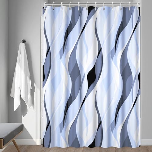 Sky Blue Striped Shower Curtain with Hooks for Bathroom 72x72 Inch