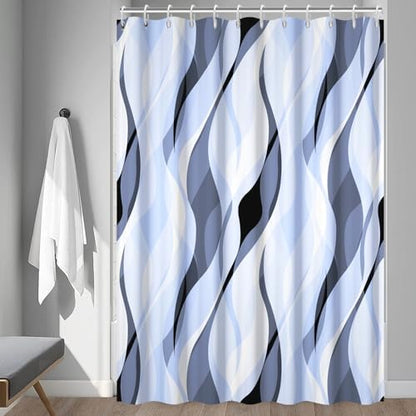 Sky Blue Striped Shower Curtain with Hooks for Bathroom 72x84 Inch