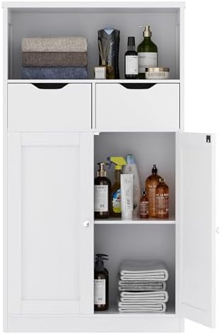 Walsunny Floor Storage Cabinet, Organizer with Doors and Drawers, Freestanding Side Cupboard Pantry with Adjustable Shelf for Bathroom/Living Room, White