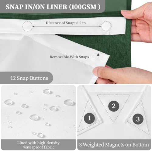 BTTN Emerald Green Ringless Linen Look Shower Curtain with Snap Liner 72x75