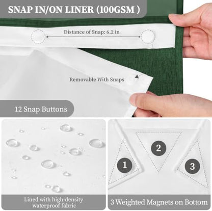 BTTN Emerald Green Ringless Linen Look Shower Curtain with Snap Liner 72x75