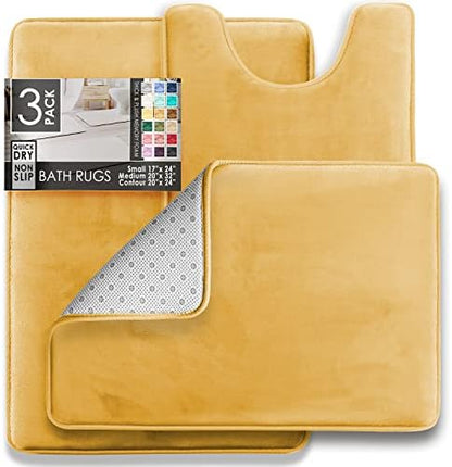 Clara Clark Bathroom Rug Set, 3 Piece Velvet Memory Foam Bath Mats with Non-Slip PVC Backing, Gold