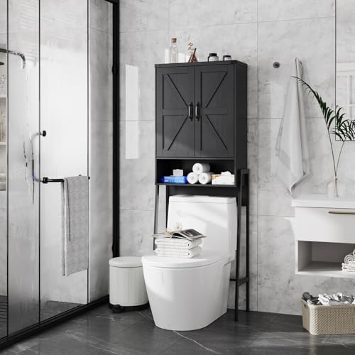 Vabches Over The Toilet Storage Cabinet with 2-Door Design Bathroom Organizers and Storage with Anti-Tip Device Over Toilet Organizer with Shelves for Bathroom,Restroom,Laundry Black