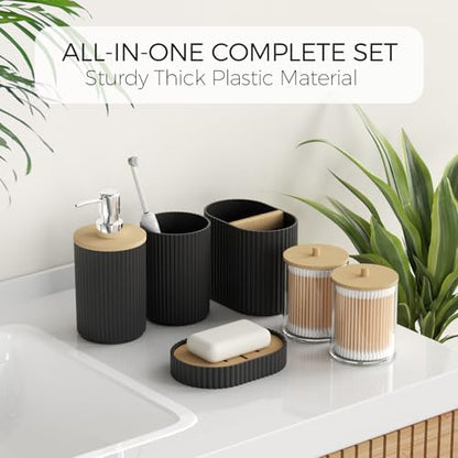 Black Bathroom Accessories Set, 8 Pieces Bathroom Decor Set, Trash Can, Toilet Brush with Holder, Soap Dispenser, Toothbrush and Toothpaste Holder, Tumbler Cup, Soap Dish, Qtip Holders