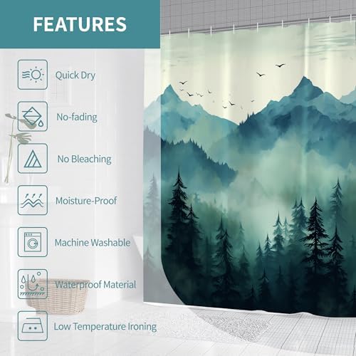 Teal Misty Foggy Forest Shower Curtain for Bathroom 72W*72H Inch Nature Tree Mountain Woodland Bathtub Decor Pine Tree Natural Country Cool Masculine Aesthetic Waterproof Polyester Fabric