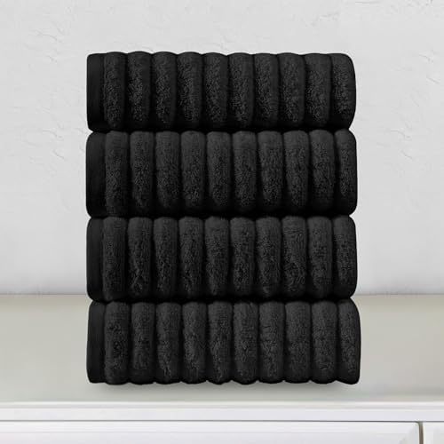Elegant Comfort Luxury 100% Turkish Cotton Corduroy Ribbed 4 Pack Hand Towel Set 16 x 28 Inch - Absorbent, Super Soft, Quick Dry, Premium Towels for Bathroom, Gym, Spa and Hotel Use, Black