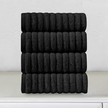 Elegant Comfort Luxury 100% Turkish Cotton Corduroy Ribbed 4 Pack Hand Towel Set 16 x 28 Inch - Absorbent, Super Soft, Quick Dry, Premium Towels for Bathroom, Gym, Spa and Hotel Use, Black