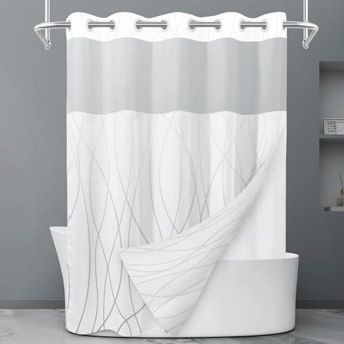 LXBNI Ombre Grey White No Hook Shower Curtain with Liner, 71 x 74 Inch