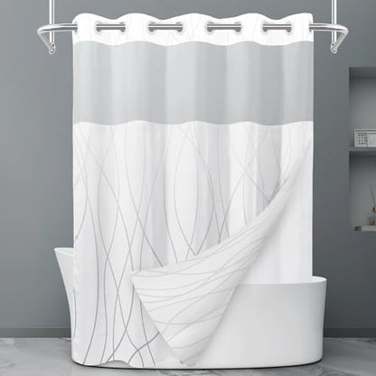 LXBNI Ombre Grey White No Hook Shower Curtain with Liner, 71 x 74 Inch