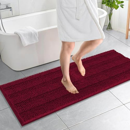 OLANLY Thick Bathroom Runner Rugs 59x20, Soft Chenille Bath Rugs, Burgundy