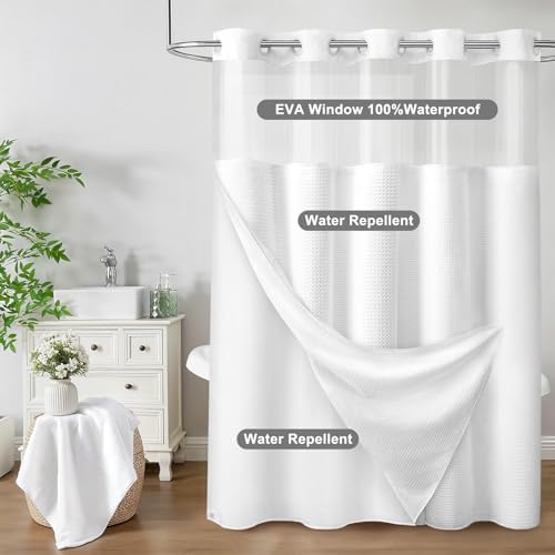 No Hook Shower Curtain with Liner Hotel Waffle EVA Window White 72W X 75L